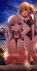 Rule 34 | 10s, 2girls, barefoot, blonde hair, blue eyes, breasts, camcorder, chain-link fence, charlotte (anime), feet, feet together, fence, highres, long hair, medium breasts, multiple girls, nishimori yusa, old school swimsuit, one-piece swimsuit, school swimsuit, side ponytail, silver hair, star trail, swimsuit, toes, tomori nao, twintails, two side up, video camera, waruwarutsu