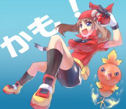 Rule 34 | 1girl, bad id, bad pixiv id, bandana, bike shorts, blue eyes, breasts, brown hair, creatures (company), game freak, gen 3 pokemon, gloves, hat, holding, holding poke ball, impossible clothes, impossible shirt, large breasts, latex, may (pokemon), nintendo, open mouth, poke ball, pokemon, pokemon (creature), shirt, short hair, takeda kanryuusai, torchic