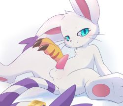 Rule 34 | 1boy, ancesra, animal ears, animal hands, animal nose, anus, aqua eyes, arm support, blush, body fur, cat boy, cat ears, cat tail, closed mouth, digimon, digimon (creature), erection, feet, furry, furry male, gloves, gradient background, half-closed eyes, hand on own knee, hand up, happy, highres, leaning back, looking at viewer, male focus, on floor, paw gloves, pawpads, penis, seductive smile, simple background, sitting, smile, solo, spread legs, striped tail, tail, tail ornament, tail ring, tailmon, testicles, tile floor, tiles, uncensored, whiskers, white background, white fur, yellow gloves