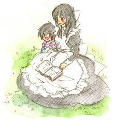Rule 34 | 1boy, 1girl, apron, black hair, blush, book, breasts, brown eyes, cape, dress, leon magnus, long hair, lowres, maid, maid apron, marian, open mouth, purple eyes, short hair, smile, tales of (series), tales of destiny, aged down