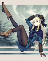 Rule 34 | 1girl, absurdres, ankle boots, arm up, beret, black hat, black pantyhose, blonde hair, blue coat, blunt bangs, blurry, blurry background, boots, brown footwear, brown gloves, coat, cross, fate/grand order, fate (series), flower, full body, fur collar, fur trim, gloves, green eyes, hair flower, hair ornament, hair ribbon, hat, highres, hime cut, kusano shinta, latin cross, leather, leather gloves, long hair, long sleeves, lord el-melloi ii case files, pantyhose, purple scarf, reines el-melloi archisorte, ribbon, scarf, sidelocks, smirk, solo, texture