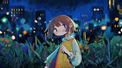 Rule 34 | 1girl, blush, brown hair, city, city lights, closed mouth, collared shirt, commentary request, dress, flower, frilled sleeves, frills, green eyes, green ribbon, hand up, highres, long sleeves, looking at viewer, mamei mema, night, original, outdoors, pinafore dress, plant, red flower, ribbon, ribbon-trimmed sleeves, ribbon trim, shirt, short hair, sleeveless, sleeveless dress, solo, standing, tareme, upper body, white shirt, yellow dress