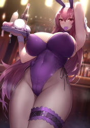 Rule 34 | 1girl, animal ears, bare shoulders, blush, bottle, breasts, cleavage, closed mouth, condom, condom wrapper, detached collar, fake animal ears, fate/grand order, fate (series), fei er, gag, hair between eyes, highleg, highleg leotard, highres, huge breasts, leotard, long hair, looking at viewer, lotion bottle, mouth hold, official alternate costume, pantyhose, plate, playboy bunny, purple hair, purple leotard, rabbit ears, red eyes, scathach (fate), scathach (piercing bunny) (fate), sex toy, thighs, tray, vibrator, wiffle gag, wine bottle, wrist cuffs