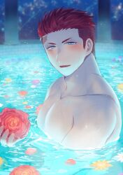 Rule 34 | 1boy, bara, blue eyes, blush, character request, flower, holding, holding flower, hozu (hozumi), large pectorals, looking at viewer, male focus, muscular, muscular male, partially submerged, pectorals, petals, red flower, red hair, red rose, rose, scar, scar on face, scar on forehead, short hair, smile, solo, tokyo houkago summoners, water