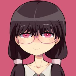 Rule 34 | 1girl, black hair, blush, bright pupils, character request, closed mouth, commentary request, copyright request, freckles, glasses, hair between eyes, hair over shoulder, hospital king, long bangs, looking at viewer, low twintails, pink-framed eyewear, portrait, red background, red eyes, simple background, smile, solo, twintails, white pupils