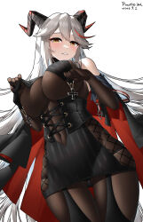 Rule 34 | 1girl, absurdres, aegir (azur lane), artist name, azur lane, bare shoulders, black gloves, black skirt, blush, bodystocking, breasts, coat, corset, covered navel, cowboy shot, cross, curtains, dated, elbow gloves, garter straps, gloves, gluteal fold, grey hair, high-waist skirt, highres, horns, impossible clothes, iron cross, jfzm001, large breasts, looking at viewer, multicolored hair, open clothes, open coat, parted lips, red coat, red hair, simple background, skirt, solo, streaked hair, thigh gap, two-tone hair, white background, yellow eyes