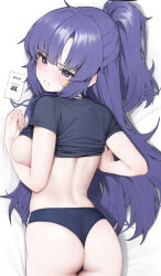 Rule 34 | 1girl, absurdres, ass, black shirt, blue archive, blue eyes, bra, breasts, buruma, clothes lift, dakimakura (medium), highres, lanyard, large breasts, long hair, lying, mochirong, on stomach, open clothes, panties, parted lips, ponytail, purple hair, shirt, shirt lift, solo, thighs, underwear, very long hair, yuuka (blue archive), yuuka (track) (blue archive)