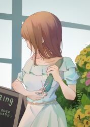 Rule 34 | 1girl, absurdres, bang dream!, bang dream! it&#039;s mygo!!!!!, blue shirt, breasts, brown hair, choker, collarbone, commentary, cowboy shot, highres, holding, holding scissors, lanyueqi, long hair, medium breasts, nagasaki soyo, puffy short sleeves, puffy sleeves, scissors, shirt, short sleeves, sidelocks, skirt, solo, symbol-only commentary, white skirt, yellow choker