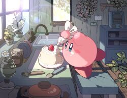 Rule 34 | arms up, blue eyes, blush, blush stickers, cake, closed mouth, counter, cup, day, dish rack, dripping, faucet, flower, food, food on face, fork, fruit, full body, holding, icing, indoors, jar, kirby, kirby (series), lens flare, light rays, mutekyan, nintendo, no humans, paper, pastry bag, plant, plate, potted plant, shadow, shelf, sink, smile, spoon, standing, standing on one leg, stool, strawberry, sunlight, toaster oven, tray, tube, vase, vines, water, whipped cream, white flower, window, wooden floor
