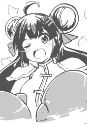 Rule 34 | 1girl, absurdres, ahoge, armor, blush, chinese clothes, gloves, hair ribbon, highres, long hair, monochrome, one eye closed, open mouth, partially colored, ribbon, saint seiya, saint seiya rising cosmo, shoulder pads, simple background, sinocya nanami, solo, teeth, twintails, upper body, upper teeth only, ursa minor xiaoling (saint seiya rising cosmo), white background