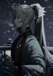 Rule 34 | 1girl, blood, blood on face, blood on hands, blue eyes, blurry, blurry background, breath, earrings, fate/samurai remnant, fate (series), from side, grey hair, hand up, highres, holding, holding sword, holding weapon, japanese clothes, jewelry, katana, kimono, kishimen hair, long hair, looking ahead, non 565656, outdoors, parted lips, ponytail, sidelocks, snow, solo, stone lantern, sword, tassel, tassel earrings, upper body, weapon, yui shousetsu (fate)