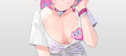 Rule 34 | 1girl, absurdres, blue hair, blush, bone print, bracelet, breasts, breasts apart, collarbone, earrings, grey background, hand on own head, head out of frame, heart, highres, idolmaster, idolmaster cinderella girls, jewelry, kibawa, leaning forward, leather collar, loose clothes, loose shirt, mole, mole on breast, multicolored hair, pill earrings, pink hair, print shirt, shirt, short hair, short sleeves, simple background, smile, solo, two-tone hair, upper body, yumemi riamu