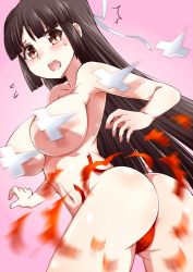 Rule 34 | ^^^, 10s, 1girl, armpits, ass, black hair, blurry, blush, breasts, brown eyes, depth of field, exploding clothes, flying sweatdrops, hime cut, hiyou (kancolle), kantai collection, large breasts, long hair, looking at viewer, makumaxu, medium breasts, navel, open mouth, panties, red panties, shikigami, solo, sweat, topless, underwear, very long hair