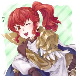 Rule 34 | 1girl, anna (fire emblem), armor, finger to own chin, fire emblem, fire emblem heroes, looking at viewer, mojakkoro, musical note, nintendo, one-hour drawing challenge, one eye closed, open mouth, red eyes, red hair, scale armor, side ponytail, smile, solo
