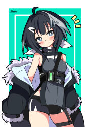 Rule 34 | 1girl, absurdres, ahoge, arknights, artist name, bare shoulders, bird girl, black eyes, black hair, black jacket, black shirt, black shorts, blush, border, bow, breasts, closed mouth, contrapposto, cowboy shot, dot nose, fur-trimmed jacket, fur trim, green background, hair bow, hair intakes, head tilt, head wings, hendra, highres, jacket, la pluma (arknights), legs apart, long sleeves, medium breasts, medium hair, notice lines, off shoulder, open clothes, open jacket, outside border, shirt, shorts, sidelocks, simple background, sleeveless, sleeveless shirt, sleeves past fingers, sleeves past wrists, solo, thighs, white border, white bow, wings