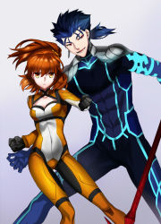 Rule 34 | 10s, 1boy, 1girl, blue background, blue bodysuit, bodysuit, breasts, brown hair, cleavage, cu chulainn (fate), cu chulainn (fate/extra), cu chulainn (fate/stay night), earrings, fate/extra, fate/grand order, fate/stay night, fate (series), fujimaru ritsuka (female), fujimaru ritsuka (female) (chaldea combat uniform), grey background, hair ornament, jewelry, lance, long hair, looking at viewer, medium breasts, official alternate costume, polearm, red eyes, spear, weapon, ycco (estrella), yellow eyes