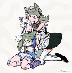 Rule 34 | 2girls, :&gt;, animal ears, apron, asymmetrical legwear, bandaged arm, bandaged hand, bandaged leg, bandages, bandaid, bandaid on knee, bandaid on leg, bandaid on thigh, black dress, black footwear, black mouth, blue eyes, borrowed character, braid, braided ponytail, cat ears, cat tail, commentary, commission, detached sleeves, dot nose, double-parted bangs, dress, earrings, english commentary, fang, freckles, full body, green eyes, green sleeves, grey background, grey eyes, hair ornament, hairclip, hand on another&#039;s hand, hand up, highres, hug, hug from behind, jewelry, kneeling, leg warmers, light smile, looking at another, looking to the side, maid, maid apron, maid headdress, mandarin collar, mary janes, memcchi, multiple girls, one eye closed, original, parted bangs, patterned background, pleated dress, print leg warmers, purple leg warmers, purple shrug, shirt, shoes, shorts, side braid, signature, single earring, sitting, sleeve belt, sleeveless, sleeveless dress, sleeveless shirt, sleeves past fingers, sleeves past wrists, tail, tassel, tassel earrings, thighhighs, waist apron, white hair, white shirt, white thighhighs, wide sleeves, yokozuwari