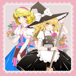 Rule 34 | 2girls, alice margatroid, apron, bad id, bad pixiv id, bamboo broom, black dress, blonde hair, blue dress, book, border, bow, bracelet, braid, broom, daisy, dress, earrings, female focus, flower, frills, hair ribbon, hairband, hand on headwear, hand on own chest, hat, hat bow, highres, jewelry, kirisame marisa, lace, lace border, multiple girls, ofuton zeb, ornate border, pink eyes, pink flower, pink rose, ribbon, ring, rose, short hair, short sleeves, side braid, star (symbol), star earrings, touhou, witch, witch hat, wrist cuffs, wristband, yellow eyes