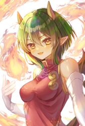 Rule 34 | 1girl, :d, bare shoulders, blush, breasts, commentary request, draco centauros, dragon girl, dragon horns, dragon wings, elbow gloves, fang, fire, gloves, green hair, highres, horns, looking at viewer, medium breasts, open mouth, pointy ears, puyopuyo, short hair, skin fang, smile, solo, upper body, white gloves, wings, xx momomo xx, yellow eyes