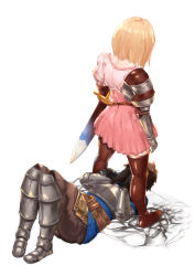 Rule 34 | 10s, 1boy, 1girl, armor, belt, blonde hair, blue shirt, brown hair, brown pants, brown thighhighs, commentary request, covered face, djeeta (granblue fantasy), dress, fighter (granblue fantasy), from above, gauntlets, gran (granblue fantasy), granblue fantasy, greaves, highres, knees up, long hair, looking at another, lying, messy hair, multiple girls, on back, pants, pink dress, ranpu (kariudo), sheath, shirt, short hair, simple background, standing, sword, thighhighs, very long hair, weapon