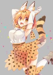 Rule 34 | 10s, 1girl, :d, animal ears, armpits, arms up, blush, cowboy shot, elbow gloves, fang, gloves, high-waist skirt, highres, kemono friends, looking at viewer, mao (alepricos), medium skirt, open mouth, print gloves, print neckwear, print skirt, print thighhighs, serval (kemono friends), serval print, serval tail, shirt, short hair, skirt, sleeveless, sleeveless shirt, smile, solo, striped tail, tail, thighhighs