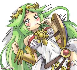 Rule 34 | 1girl, armlet, blush, breasts, commentary request, diadem, dress, forehead jewel, green eyes, green hair, jewelry, kid icarus, kid icarus uprising, long hair, looking at viewer, lying, medium breasts, nintendo, onimotsu matarou, palutena, pendant, shield, signature, solo, strapless, strapless dress, sweat, thighhighs, vambraces