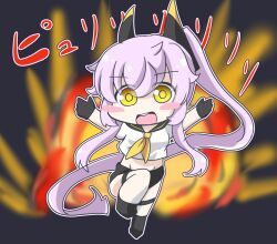 Rule 34 | 1girl, :d, absurdly long hair, azur lane, black background, black footwear, black gloves, black sailor collar, black shorts, blush, blush stickers, breasts, chibi, crop top, explosion, eyes visible through hair, fire, full body, geo (yukishitadou), gloves, hair between eyes, hair ornament, leg up, light purple hair, long hair, looking at viewer, medium breasts, midriff, navel, neckerchief, open mouth, outstretched arms, ponytail, ribbon, ringed eyes, sailor collar, sailor shirt, shirt, shoes, short shorts, short sleeves, shorts, sidelocks, purifier (azur lane), smile, solo, standing, standing on one leg, teeth, thigh strap, upper teeth only, very long hair, white shirt, yellow eyes, yellow neckerchief