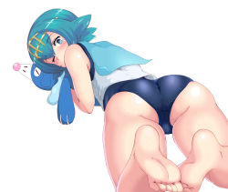 Rule 34 | 10s, 1girl, ass, bare arms, bare legs, bare shoulders, barefoot, blue eyes, blue hair, blue sailor collar, blunt bangs, blush, bright pupils, cameltoe, creatures (company), feet, game freak, gen 7 pokemon, hairband, hug, lana (pokemon), looking at viewer, looking back, lying, nintendo, npc trainer, on stomach, one-piece swimsuit, one eye closed, petite, pokemon, pokemon (creature), pokemon sm, popplio, sailor collar, sakura kani, school swimsuit, short hair, simple background, sleeveless, soles, swimsuit, swimsuit under clothes, toes, trial captain, white background