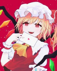 Rule 34 | 1girl, absurdres, ascot, blonde hair, cowboy shot, crystal, flandre scarlet, hat, highres, letter, medium hair, mob cap, moriya4b, open mouth, red background, red eyes, red ribbon, ribbon, side ponytail, simple background, solo, touhou, yellow ascot
