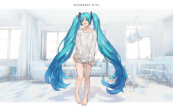 Rule 34 | 0ctter, 1girl, aqua eyes, aqua hair, barefoot, blue theme, chair, character name, commentary, hair ornament, hatsune miku, holding, holding clothes, holding shirt, indoors, knit sweater, letterboxed, long hair, looking at viewer, no pants, open mouth, room, roomscape, shirt, smile, solo, standing, sweater, table, twintails, very long hair, vocaloid, white sweater, wide shot, window