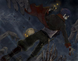 Rule 34 | 1boy, belt, blood, blue eyes, boots, candle, chain, dutch angle, earrings, from behind, gloves, jewelry, knife, long sleeves, male focus, pants, pixiv fantasia, pixiv fantasia 4, red eyes, ririnra, skeleton, skull, solo, undead, zombie