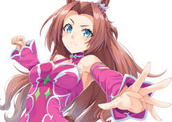 Rule 34 | 1girl, animal ears, bare shoulders, blue eyes, bow, braid, breasts, brown hair, clenched hand, closed mouth, commentary request, detached sleeves, dress, ear bow, forehead, horse ears, horse girl, horse tail, kawakami princess (umamusume), long hair, long sleeves, looking at viewer, medium breasts, miri (ago550421), parted bangs, pink dress, pink sleeves, simple background, sleeves past wrists, solo, striped bow, sweat, tail, umamusume, very long hair, white background