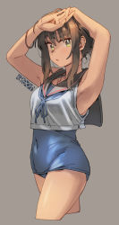 Rule 34 | 1girl, adapted costume, arms up, artist name, black sailor collar, blue neckerchief, blue one-piece swimsuit, commentary request, covered navel, cowboy shot, crop top, cropped legs, ergot, fubuki (kancolle), fubuki kai ni (kancolle), green eyes, grey background, highres, kantai collection, low ponytail, medium hair, neckerchief, one-piece swimsuit, sailor collar, school swimsuit, shirt, simple background, sleeveless, sleeveless shirt, standing, swimsuit, swimsuit under clothes