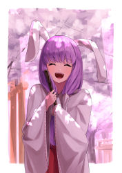 Rule 34 | 1girl, alternate costume, animal ears, broom, cherry blossoms, closed eyes, cowboy shot, hair tubes, highres, hukahito, japanese clothes, long hair, looking at viewer, miko, open mouth, purple hair, rabbit ears, reisen udongein inaba, smile, solo, torii, touhou, wide sleeves
