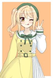 Rule 34 | 1girl, :p, ;), artist name, artist request, belt, belt buckle, beret, blonde hair, blush, bow, bowtie, braid, breasts, brown eyes, buckle, dress, female focus, french braid, green beret, green bow, green bowtie, green hat, hair between eyes, hat, high ponytail, long hair, long sleeves, looking at viewer, love live!, love live! nijigasaki high school idol club, love live! school idol festival, mirai harmony, miyashita ai, one eye closed, orange background, orange eyes, parted lips, ponytail, sailor collar, sailor dress, short ponytail, side ponytail, single braid, skirt, small breasts, smile, solo, tongue, tongue out, two-tone dress, v, white sailor collar, wing collar, yellow belt, yellow dress, yellow eyes, yellow skirt