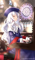 Rule 34 | 1girl, blue dress, blue hat, breasts, caren hortensia, closed eyes, dress, fate/grand order, fate/hollow ataraxia, fate (series), hat, instrument, long hair, long sleeves, medium breasts, music, official art, open mouth, organ (instrument), playing instrument, shawl, sitting, solo, stained glass, tsuuhan, wavy hair, white hair