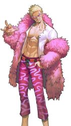 Rule 34 | 1boy, abs, arm up, artist request, blonde hair, capri pants, coat, collarbone, donquixote doflamingo, earrings, feather coat, feet out of frame, hand in pocket, highres, jewelry, looking at viewer, male focus, muscular, muscular male, navel, one piece, open clothes, pants, pink-tinted eyewear, pink coat, shirt, short hair, smile, sunglasses, third-party source, tinted eyewear, white-framed eyewear, white shirt
