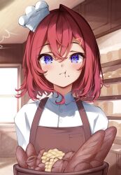 Rule 34 | 1girl, absurdres, ange katrina, apron, baguette, basket, blue eyes, bread, brown apron, cheek bulge, chef, commentary, eating, food, food on face, hair between eyes, highres, light blush, looking at viewer, mini chef hat, nagori0127, nijisanji, red hair, short hair, single hair intake, solo, triangle hair ornament, virtual youtuber