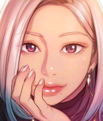 Rule 34 | bak hyeong jun, cha yuna, close-up, hand on own cheek, hand on own face, highres, jewelry, love limit exceeded, mole, mole under mouth, multicolored hair, purple eyes, smile, two-tone hair
