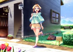 Rule 34 | 1girl, :d, animal, animal ears, bad id, bad pixiv id, bench, blue eyes, brown hair, building, cloud, cojibou, day, flower, grass, lamp, minamimi-san, mountain, open mouth, original, shorts, sign, smile, solo, stairs, translation request, tulip, window