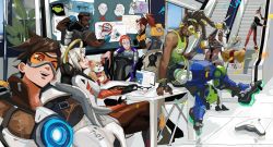 Rule 34 | 6+boys, 6+girls, absurdres, ana (overwatch), bamashengze, baptiste (overwatch), beard, black gloves, black jacket, blonde hair, bodysuit, bomber jacket, brigitte (overwatch), brown eyes, brown hair, bulletin board, chest harness, commentary, computer, cup, dark-skinned female, dark-skinned male, dark skin, dreadlocks, earrings, english commentary, escalator, eye of horus, facial hair, facial tattoo, fingerless gloves, fox mask, genji (overwatch), gloves, goggles, grin, hair pulled back, half mask, halo, hammond (overwatch), hamster, harness, high ponytail, highres, holding, holding cup, indoors, jacket, jewelry, kiriko (overwatch), laptop, long hair, looking at viewer, looking back, looking to the side, lucio (overwatch), mask, mature male, mechanical halo, mercy (overwatch), moira (overwatch), multiple boys, multiple girls, muscular, muscular male, old, old woman, omnic, one eye closed, orange goggles, orange hair, overwatch, overwatch 2, plant, ponytail, potted plant, short hair, shoulder tattoo, sidelocks, sitting, smile, spiked hair, tattoo, tracer (overwatch), zenyatta (overwatch)