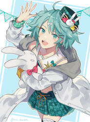 Rule 34 | 1boy, :d, crop top, green eyes, green hair, green skirt, hair ornament, hairclip, hat pin, holding, holding stuffed toy, holostars, jacket, kagami kira, long sleeves, looking at viewer, male focus, open mouth, pleated skirt, pom pom (clothes), riri zuran, skirt, smile, solo, stuffed animal, stuffed rabbit, stuffed toy, thighhighs, trap, twitter username, virtual youtuber
