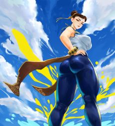Rule 34 | 1girl, absurdres, armpits, artist name, ass, blue pants, bracelet, breasts, brown eyes, brown hair, capcom, chun-li, double bun, earrings, eyeliner, from behind, gabriel carrasquillo, gold trim, hair bun, hair ribbon, hand on own hip, highres, jewelry, large breasts, lipgloss, looking at viewer, pants, parted lips, red eyeliner, ribbon, shirt, short hair, sky, solo, street fighter, street fighter 6, swept bangs, thick thighs, thighs, tight clothes, tight pants, toned, twisted torso, white shirt, yellow ribbon