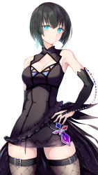 Rule 34 | 1girl, aqua eyes, aqua gemstone, arm at side, black dress, black hair, black thighhighs, blue gemstone, blunt ends, blush, breasts, bridal gauntlets, cleavage, cleavage cutout, clothing cutout, collared dress, cowboy shot, dot nose, dress, earrings, fishnet thighhighs, fishnets, frilled dress, frills, gem, hand on own hip, highres, jewelry, kirino sae (madoka magica), looking at viewer, magia record: mahou shoujo madoka magica gaiden, magical girl, mahou shoujo madoka magica, meen (ouaughikepdvrsf), microdress, parted lips, purple gemstone, red gemstone, short hair, simple background, single earring, sleeveless, sleeveless dress, solo, thighhighs, waist cape, white background