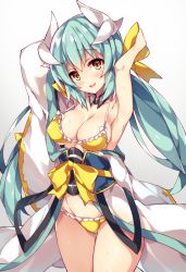Rule 34 | 1girl, aqua hair, armpits, bare arms, bikini, bikini top only, bow, breasts, cleavage, cowboy shot, fate (series), frilled bikini, frills, gluteal fold, gradient background, grey background, hair bow, highres, horns, japanese clothes, kimono, kiyohime (fate), kiyohime (fate/grand order), kiyohime (swimsuit lancer) (fate), kiyohime (swimsuit lancer) (first ascension) (fate), large breasts, long hair, looking at viewer, smile, solo, standing, swimsuit, thigh gap, unacchi (nyusankin), yellow bikini, yellow bow, yellow eyes