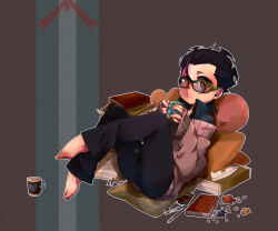 Rule 34 | 1boy, 3o2, ahoge, bad id, bad pixiv id, barefoot, bespectacled, black hair, book, casual, cup, fate/zero, fate (series), glasses, diarmuid ua duibhne (lancer) (fate), male focus, solo, sweater, tissue, yellow eyes, aged down