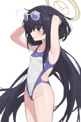 Rule 34 | 1girl, absurdres, armpit hair, arms up, black hair, blue archive, blush, breasts, eyewear on head, female pubic hair, flying sweatdrops, hair between eyes, half-closed eyes, halo, highres, long hair, maqin, one-piece swimsuit, parted lips, pubic hair, purple eyes, round eyewear, simple background, sunglasses, sweat, swimsuit, tears, ui (blue archive), very long hair, wavy mouth, white background
