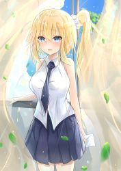 Rule 34 | 1girl, :d, absurdres, alternate hairstyle, blonde hair, blue eyes, blue necktie, blue skirt, blush, breasts, collared shirt, cowboy shot, curtains, daysoon1124, fate/apocrypha, fate (series), floating hair, hair between eyes, hair ornament, hair scrunchie, highres, holding, holding letter, indoors, jeanne d&#039;arc (fate), jeanne d&#039;arc (girl from orleans) (fate), jeanne d&#039;arc (ruler) (fate), large breasts, letter, long hair, looking at viewer, miniskirt, necktie, open mouth, open window, pleated skirt, scrunchie, see-through, shirt, side ponytail, skirt, sleeveless, sleeveless shirt, smile, solo, standing, very long hair, white scrunchie, white shirt, window