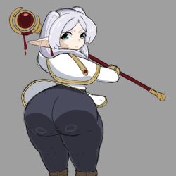 Rule 34 | 1girl, ass, blush, boots, capelet, curvy, elf, frieren, from behind, frown, green eyes, grey background, highres, holding, holding staff, huge ass, leggings, long hair, long sleeves, looking at viewer, looking back, mochikirb, pointy ears, solo, sousou no frieren, staff, sweat, thick eyebrows, thick thighs, thighs, twintails, white hair, wide hips