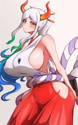 Rule 34 | 1girl, absurdres, artist name, bare shoulders, book, breasts, character name, copyright name, gradient hair, green eyes, highres, hip vent, holding, holding book, horns, huge breasts, long hair, looking at viewer, multicolored hair, one piece, ponytail, sideboob, sleeveless, smile, solo, white hair, yamato (one piece), yellow eyes, yoonsun